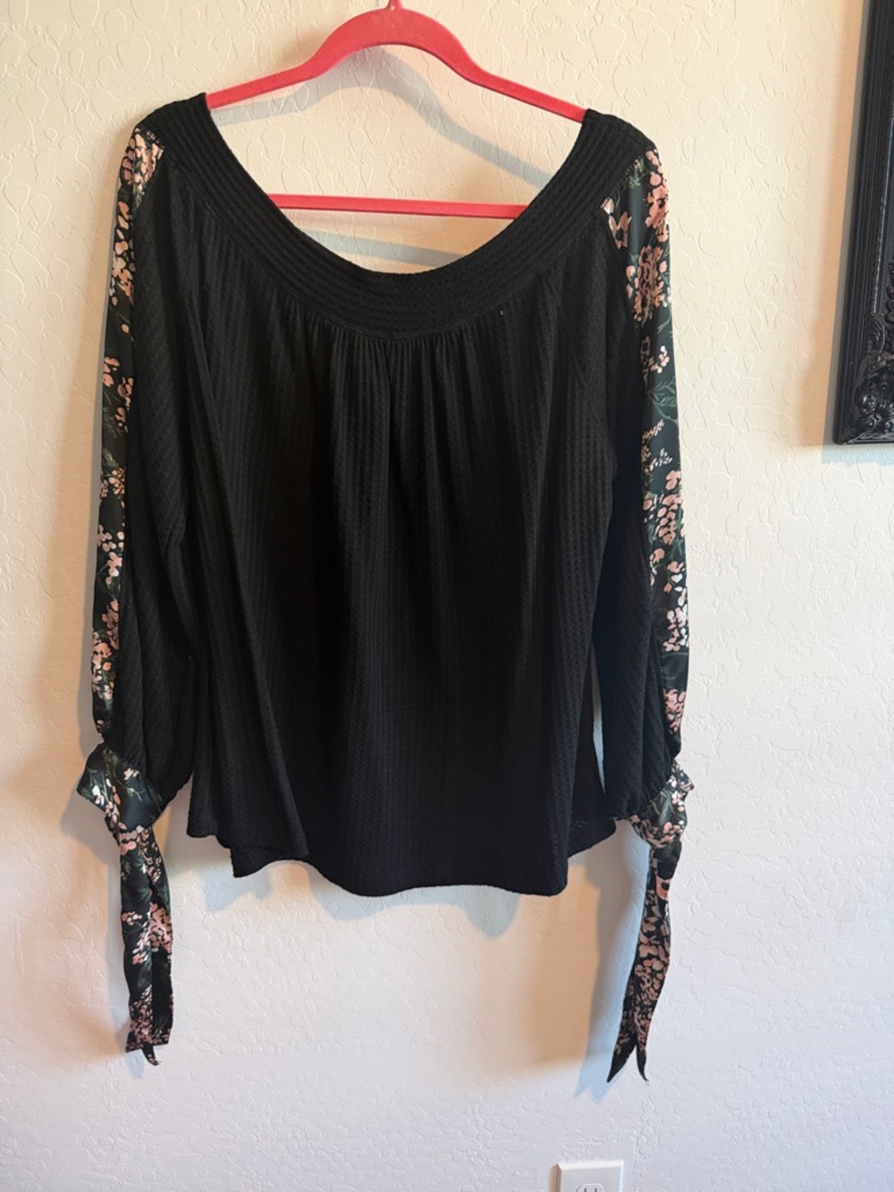 Kori Black Blouse with silky Floral Tie Sleeves